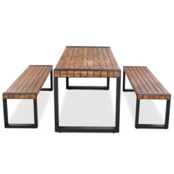 3pcs Patio Dining Set, Outdoor Dining Table With 2 Benches, Acacia Wood Top & Steel Frame, All Weather, Outdoor & Indoor, Natural -ModernLuxe -Crosley shop GUEST 02074f76 c74f 484b a5ca bc3d63a80296