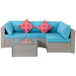 5pc Wicker Patio Seating Set With Cushions - Gray/Blue - GODEER -Crosley shop GUEST 02f293ca 1e2d 463b 9308 dd6b9754edd7