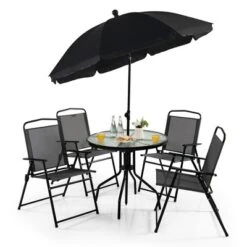 Costway 6 PCS Patio Dining Set Folding Chairs Glass Table Tilt Umbrella Garden -Crosley shop GUEST 043f5593 5c2b 4de2 8527 901113d561a5