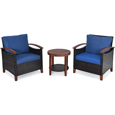 Tangkula 3-Piece Patio Rattan Bistro Set Acacia Wood Frame Sofa And Side Table 3 Tangkula 3-Piece Patio Rattan Bistro Set Acacia Wood Frame Sofa And Side Table - Image 3