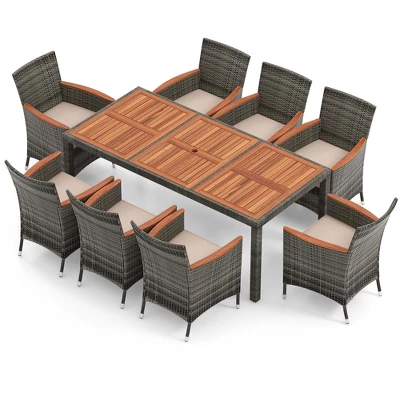 Costway 9 Pieces Outdoor Wicker Dining Set With Acacia Wood Table And 8 Armchairs 9 Costway 9 Pieces Outdoor Wicker Dining Set With Acacia Wood Table And 8 Armchairs - Image 9