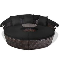 Costway Patio Rattan Daybed Cushioned Sofa Adjustable Table Top Canopy Black