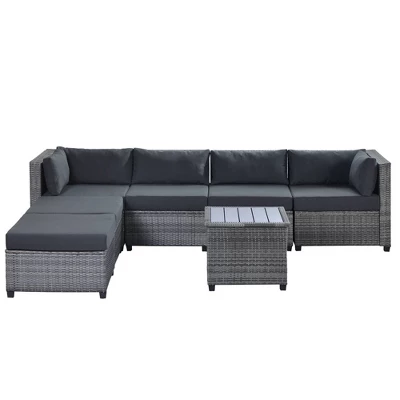 7pc Outdoor Set With Rattan Sofa & Cushions - Gray - GODEER 3 7pc Outdoor Set With Rattan Sofa & Cushions - Gray - GODEER - Image 3