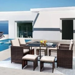 9pc Outdoor Conversation Set With Tempered Glass Table, Cushioned Chairs & Ottomans - Devoko -Crosley shop GUEST 086b3cfc c520 474d 8eb7 8f82dc688896