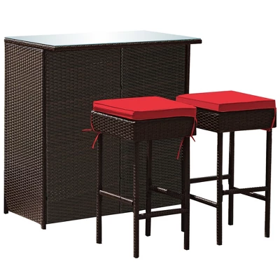Costway 3PCS Patio Rattan Wicker Bar Table Stools Dining Set Cushioned Chairs Garden Red 8 Costway 3PCS Patio Rattan Wicker Bar Table Stools Dining Set Cushioned Chairs Garden Red - Image 8