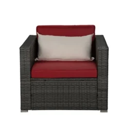 6pc Outdoor Rattan Wicker Conversation Set With Chairs, Coffee Table & Cushions - Gray/Red - GODEER -Crosley shop GUEST 0aeca72c 756c 4869 9c8f c1298860a46d