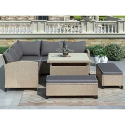 6pc Wicker Patio Set With Benches - Brown/Gray - GODEER -Crosley shop GUEST 0ba53fd8 efdd 4623 85f8 bac8a0441e8e