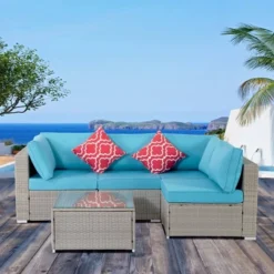 5pc Wicker Patio Seating Set With Cushions - Gray/Blue - GODEER