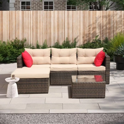 5pc Wicker Patio Sectional Seating Set With Shallow Cushions - Brown - GODEER 1 5pc Wicker Patio Sectional Seating Set With Shallow Cushions - Brown - GODEER