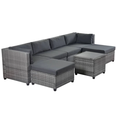 7pc Outdoor Set With Rattan Sofa & Cushions - Gray - GODEER 2 7pc Outdoor Set With Rattan Sofa & Cushions - Gray - GODEER - Image 2