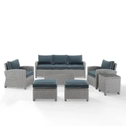 Bradenton 7pc Outdoor Wicker Sofa And Arm Chair Seating Set With Coffee Table, Side Table And 2 Ottomans - Navy/Gray - Crosley -Crosley shop GUEST 1538fd6b 4881 4b67 a0e9 e03998b1f827