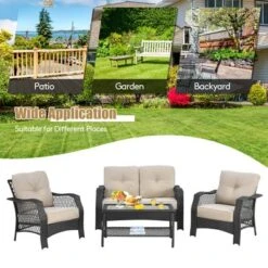 Costway 4PCS Patio Wicker Furniture Set Loveseat Sofa Coffee Table W/ Cushion -Crosley shop GUEST 159891f9 860c 469e 9e56 233f4949b078