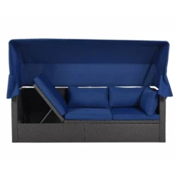 4pc Outdoor Wicker Rectangle Daybed With Canopy & Cushions - Blue - GODEER -Crosley shop GUEST 1600b702 0f46 4e93 842b eec9c1361a0e