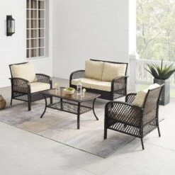 Tribeca 4pc Outdoor Wicker Conversation Set - Sand/Brown - Crosley