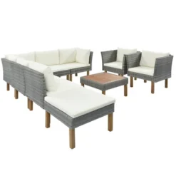 9pc Wicker & Acacia Wood Patio Conversation Set With Cushions - Beige - GODEER -Crosley shop GUEST 179b3523 b34b 442a 9f73 c808b10a70bd