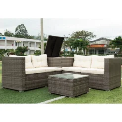 4pc Wicker Patio Seating Set With Cushions - Gray/Beige - GODEER -Crosley shop GUEST 1d3297cc ed5e 41e8 b6c8 b27389ef99a6