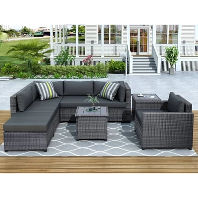 8pc Wicker Patio Conversation Set With Cushions - Gray - GODEER 1 8pc Wicker Patio Conversation Set With Cushions - Gray - GODEER