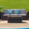 Emma And Oliver Chocolate Brown Faux Rattan Sofa With Beige Cushions