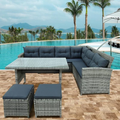 6pc Wicker Patio Set With Glass Table Ottomans - Gray/Dark Gray - GODEER 1 6pc Wicker Patio Set With Glass Table Ottomans - Gray/Dark Gray - GODEER
