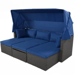 4pc Outdoor Wicker Rectangle Daybed With Canopy & Cushions - Blue - GODEER -Crosley shop GUEST 2035c42f a9f0 44e3 b975 a57e86f63d48