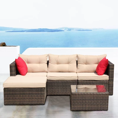 5pc Wicker Patio Sectional Seating Set With Shallow Cushions - Brown - GODEER 2 5pc Wicker Patio Sectional Seating Set With Shallow Cushions - Brown - GODEER - Image 2