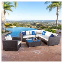 Santa Rosa 7pc Wicker Patio Seating Sectional Set With Cushions - Multi Brown With Beige Cushions - Christopher Knight Home -Crosley shop GUEST 22ad5ec4 785a 4a85 a77a 9c27f6394d95