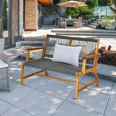 Costway 2-Person Patio Acacia Wood Bench Loveseat Chair Garden Furniture BlackGreyTurquoise 9 Costway 2-Person Patio Acacia Wood Bench Loveseat Chair Garden Furniture Black\Grey\Turquoise - Image 9