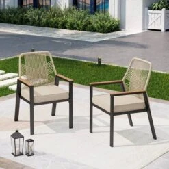 Captiva Designs 9pc Outdoor Dining Rectangle Steel Table And Thick Cushion Fixed Wicker Chairs
