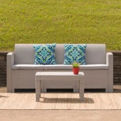 Flash Furniture Faux Rattan Sofa With All-Weather Cushions