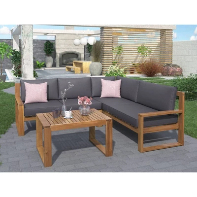 3pc Outdoor Acacia Wood Sectional Conversation Set With Cushions - Gray - GODEER 1 3pc Outdoor Acacia Wood Sectional Conversation Set With Cushions - Gray - GODEER
