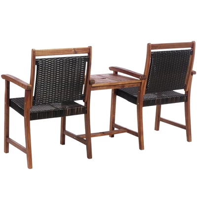 Costway 2-Seat Patio Rattan Bench Acacia Wood Frame Table W/Umbrella Hole Deck 9 Costway 2-Seat Patio Rattan Bench Acacia Wood Frame Table W/Umbrella Hole Deck - Image 9