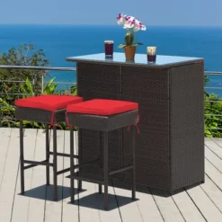 Costway 3PCS Patio Rattan Wicker Bar Table Stools Dining Set Cushioned Chairs Garden Red 11 Costway 3PCS Patio Rattan Wicker Bar Table Stools Dining Set Cushioned Chairs Garden Red -Crosley shop GUEST 296d1386 dd81 42c7 874c d5d9b33daf41