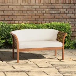 Stamford Eucalyptus Wood Outdoor Bench With Cushions - Natural - Alaterre Furniture