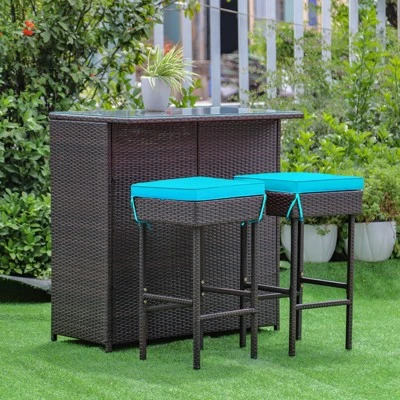 Tangkula 3PCS Patio Wicker Rattan Bar Set Table W/2 Turquoise Cushioned Stools 1 Tangkula 3PCS Patio Wicker Rattan Bar Set Table W/2 Turquoise Cushioned Stools