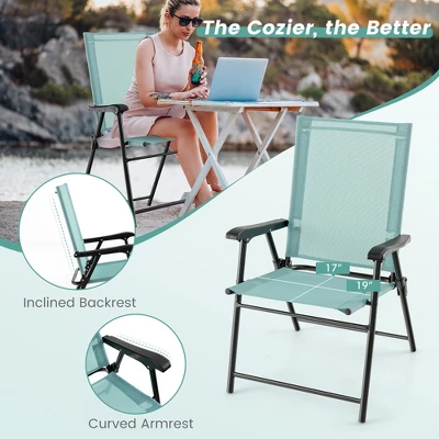 Costway Patio Folding Sling Back Chair Portable Armrests Metal Outdoor Dining Green 7 Costway Patio Folding Sling Back Chair Portable Armrests Metal Outdoor Dining Green - Image 7