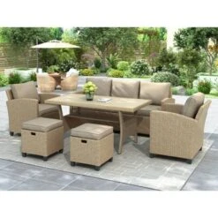 6pc Outdoor Wicker Conversation Set With Arm Chairs, Sofa, Ottomans & Coffee Table - Brown - GODEER -Crosley shop GUEST 32350390 f05a 498b 833b 079d2641525a