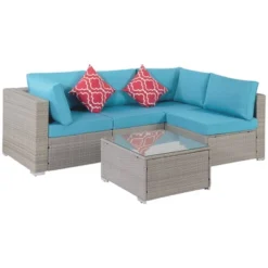 5pc Wicker Patio Seating Set With Cushions - Gray/Blue - GODEER -Crosley shop GUEST 3300c25d dfce 4b00 b9f9 0d3fc97720b5