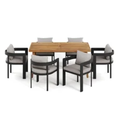 7-Piece Outdoor Patio Dining Set With Aluminum Chairs And Light Gray Cushions, Acacia Wood Table For Backyard Or Garden Dining - Maison Boucle