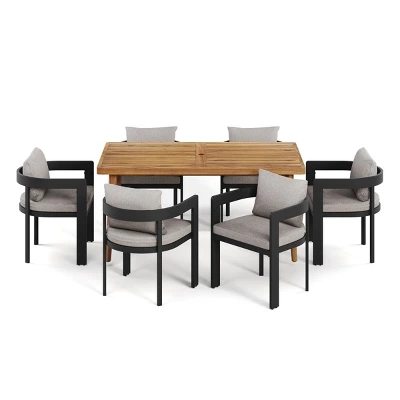 7-Piece Outdoor Patio Dining Set With Aluminum Chairs And Light Gray Cushions, Acacia Wood Table For Backyard Or Garden Dining - Maison Boucle 1 7-Piece Outdoor Patio Dining Set With Aluminum Chairs And Light Gray Cushions, Acacia Wood Table For Backyard Or Garden Dining - Maison Boucle