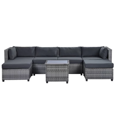 7pc Outdoor Set With Rattan Sofa & Cushions - Gray - GODEER 4 7pc Outdoor Set With Rattan Sofa & Cushions - Gray - GODEER - Image 4
