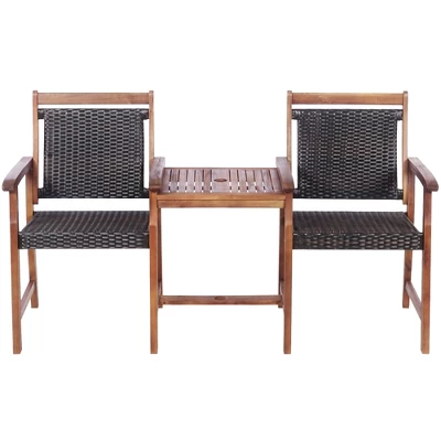 Costway 2-Seat Patio Rattan Bench Acacia Wood Frame Table W/Umbrella Hole Deck 8 Costway 2-Seat Patio Rattan Bench Acacia Wood Frame Table W/Umbrella Hole Deck - Image 8