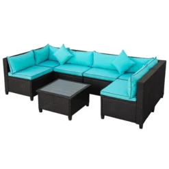 7pc Wicker Outdoor Sectional Seating Set With Cushions - Dark Brown/Blue - GODEER 10 7pc Wicker Outdoor Sectional Seating Set With Cushions - Dark Brown/Blue - GODEER -Crosley shop GUEST 3e808680 d3f4 4d74 80f0 9357f6ed60fe