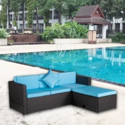 4pc Wicker Patio Sectional Seating Set With Cushions - Brown/Blue - GODEER -Crosley shop GUEST 3f63acd8 18e3 42a0 ad4d f1ff0a7adc05