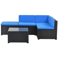 5pc Wicker Patio Sectional Seating Set With Cushions - Black/Blue - GODEER -Crosley shop GUEST 42c510fa cb93 464c ab75 bb51358185d0