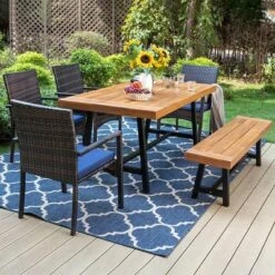 6pc Patio Dining Set With Acacia Wood Table & Bench And 4 PE Rattan Chairs - Captiva Designs -Crosley shop GUEST 4364b1d7 712a 47c0 9a01 7a6b9b1dc85f