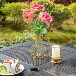 Captiva Designs 5pc Steel Outdoor Patio Dining Set With Patterned Arm Chairs & Square Table With Umbrella Hole Black -Crosley shop GUEST 450ce141 3cff 4c4a a776 8109e08c6c9c