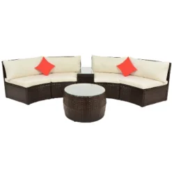 4pc Wicker Half-Moon Patio Set With Cushions - Brown/Beige - GODEER -Crosley shop GUEST 46a64637 dce4 47d2 b4ee 4c6d47880139