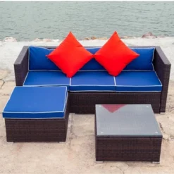 3pc Wicker Patio Sectional Seating Set With Cushions - Brown/Blue - GODEER -Crosley shop GUEST 487b898d 9755 4763 aaa5 e3a9a0838c22
