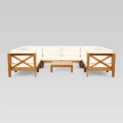 Brava 9pc Acacia Sectional Sofa Set - Teak/Beige - Christopher Knight Home