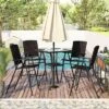 5-Piece Patio Rattan Dining Table Set , Counter Height PE Wicker Dining Table Set With Umbrella Hole And 4 Foldable Chairs, Brown-ModernLuxe